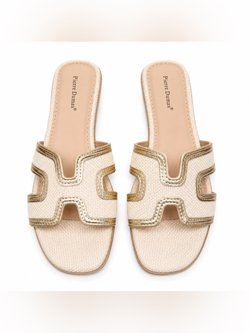 Pierre Dumas Women’s Gold and Cream Woven H-Cutout Slide Sandals.  Size: 8.5